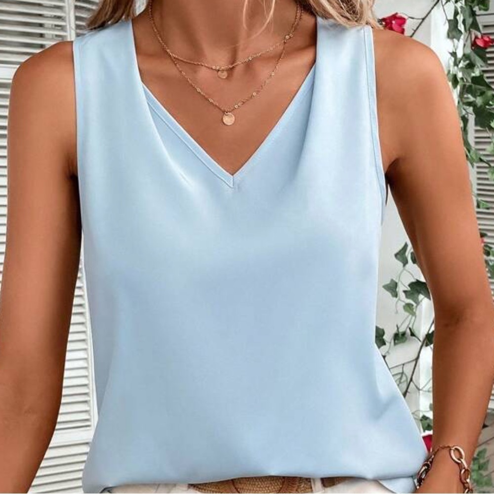 V NECK SLEEVELESS SHEER TANK BLOUSE